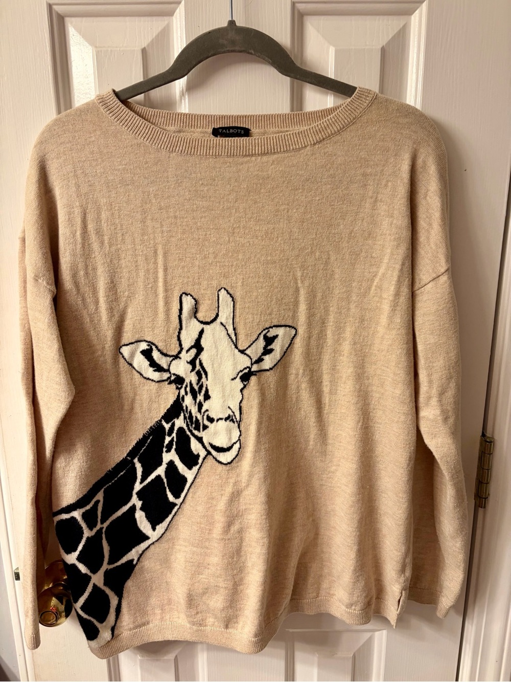 Talbots Beige Sweater with Black & Cream Giraffe Graphic